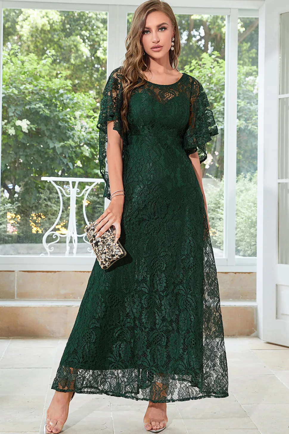 Black Lace A-line Round Neck mangas curtas Mãe do vestido da noiva