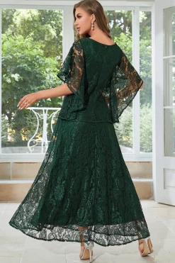 Black Lace A-line Round Neck mangas curtas Mãe do vestido da noiva