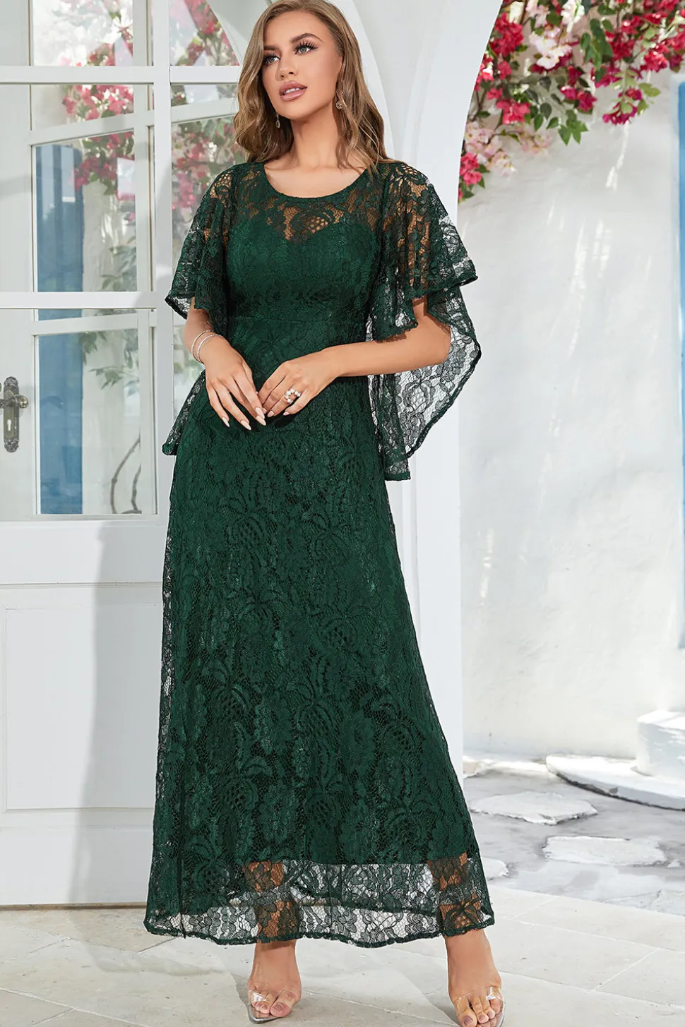 Black Lace A-line Round Neck mangas curtas Mãe do vestido da noiva