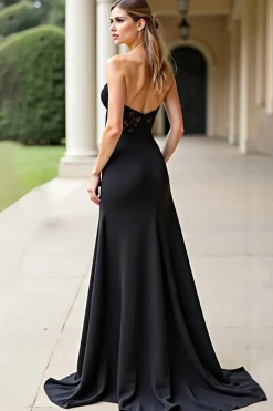 Black Lace Cetim Uma Linha Strapless Prom Dress