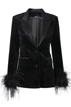 Black Peak Lapela Velvet Blazer com Penas