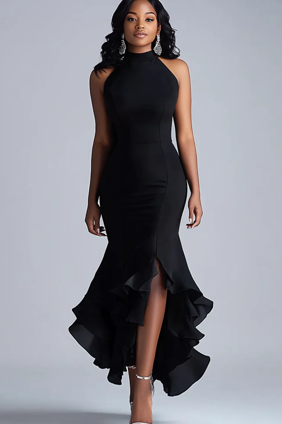 Black Ruffles Sereia Halter Neck Vestido de Gala Longo com Fenda