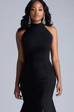 Black Ruffles Sereia Halter Neck Vestido de Gala Longo com Fenda