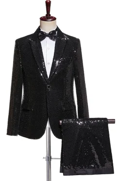 Black Sequins 2 Peça Pico Lapela Homens Prom Suits