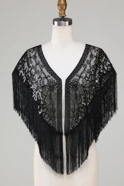 Black Sequins Glitter Cabo dos anos 1920 com franjas