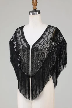 Black Sequins Glitter Cabo dos anos 1920 com franjas