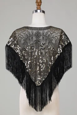 Black Sequins Glitter Cabo dos anos 1920 com franjas