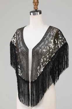 Black Sequins Glitter Cabo dos anos 1920 com franjas