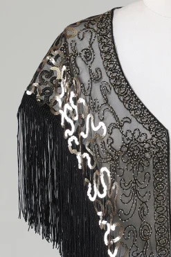 Black Sequins Glitter Cabo dos anos 1920 com franjas