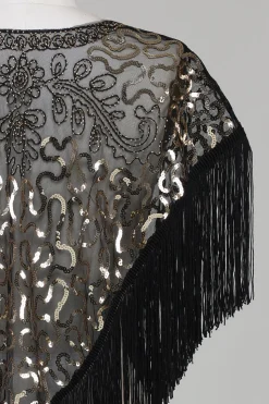 Black Sequins Glitter Cabo dos anos 1920 com franjas