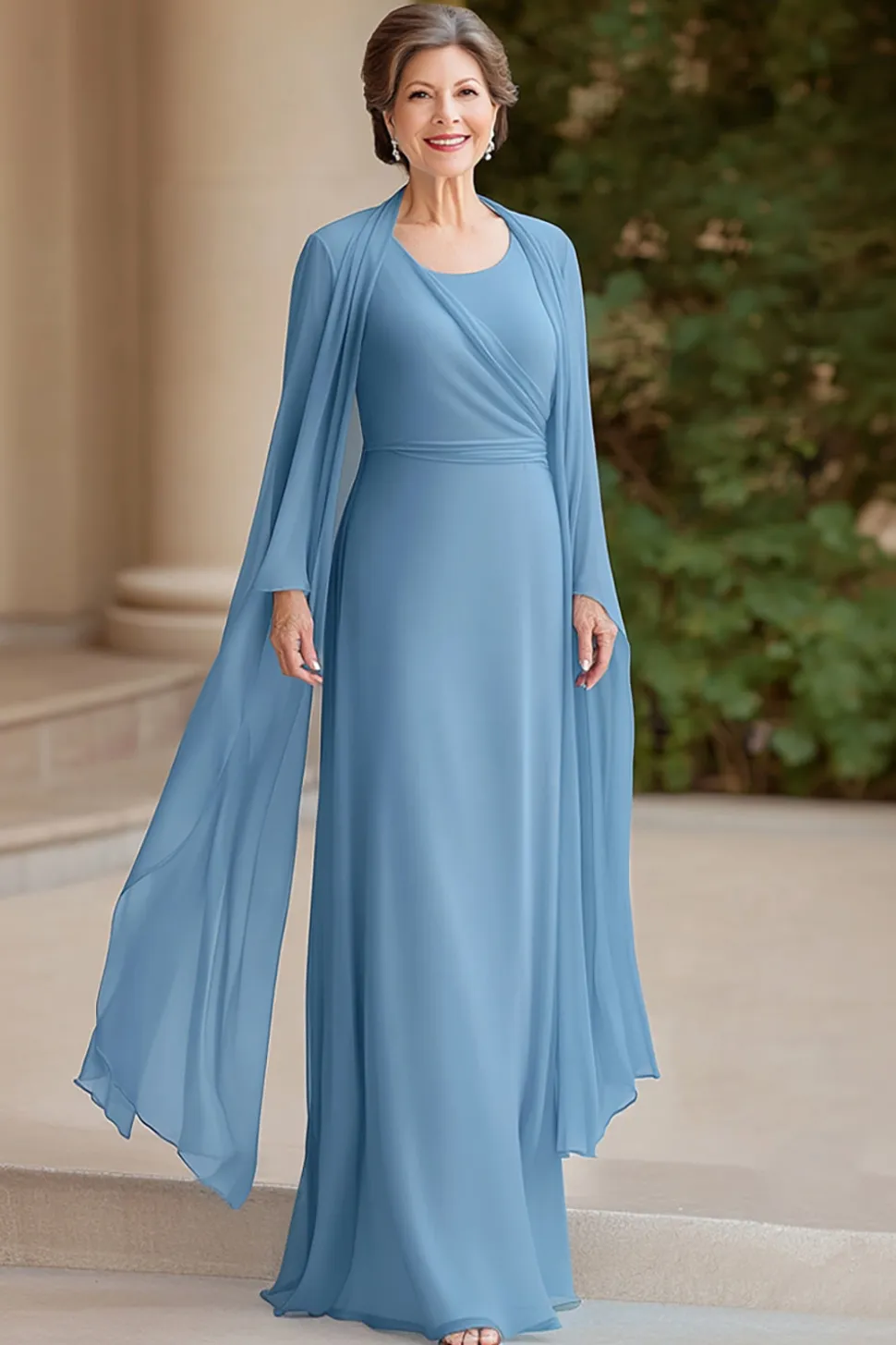 Black Tie Dusty Blue A-Line Scoop Chiffon Longa Mãe do Vestido da Noiva com Mangas Longas