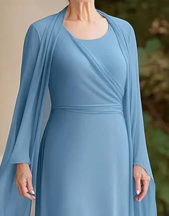 Black Tie Dusty Blue A-Line Scoop Chiffon Longa Mãe do Vestido da Noiva com Mangas Longas