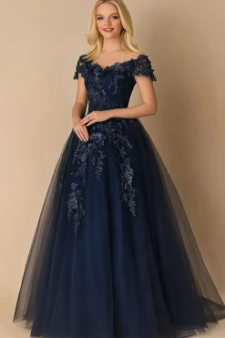 Black Tie Navy A-Line V-neck Tulle Longo Mãe do Vestido da Noiva com Mangas Curtas