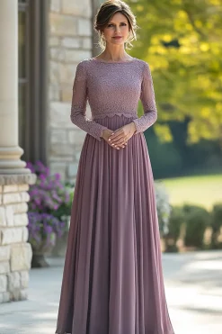 Black Tie Vintage Mauve Coluna Scoop Chiffon Long Mãe do Vestido da Noiva com Apliques de Renda