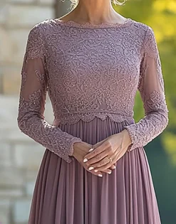 Black Tie Vintage Mauve Coluna Scoop Chiffon Long Mãe do Vestido da Noiva com Apliques de Renda
