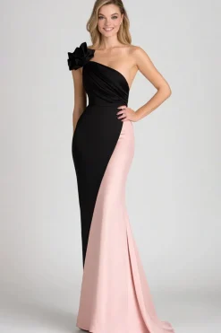 Black&Blush Um ombro Ruched Bainha Cetim Vestido de Gala