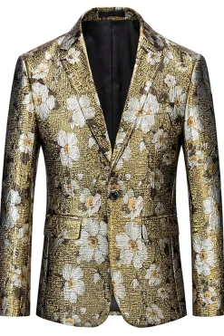 Blazer Floral Dourado Estampado Um Botão Prom