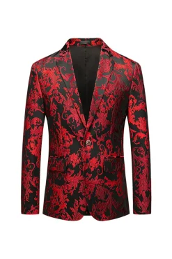Blazer Jacquard Vermelho Lapela Entalhada