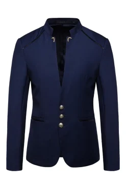 Blazer Masculino Colarinho de Pé Único Peito Azul Marinha