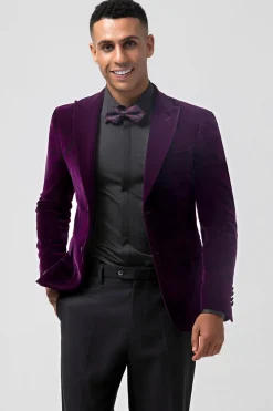 Blazer masculino de veludo com lapela de pico roxo escuro e um botão