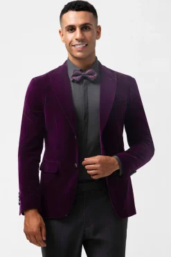 Blazer masculino de veludo com lapela de pico roxo escuro e um botão