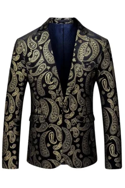 Blazer Masculino Preto Dourado Notched Lapela Estampado