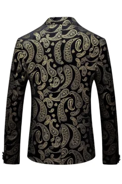 Blazer Masculino Preto Dourado Notched Lapela Estampado