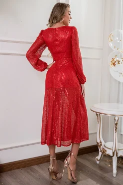 Bling A Line Round Neck Red Sequins Vestido de baile