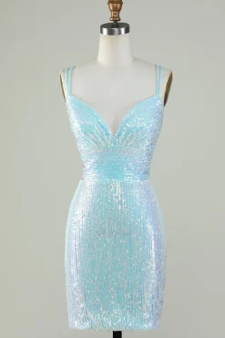 Bling Bainha Esparguete Correias Azul Claro Sequins Vestido Curto Homecoming com Criss Cross Back