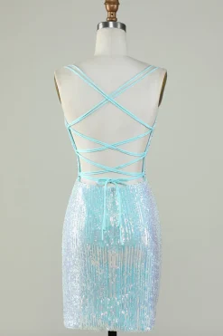 Bling Bainha Esparguete Correias Azul Claro Sequins Vestido Curto Homecoming com Criss Cross Back