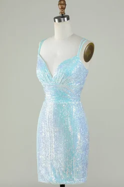 Bling Bainha Esparguete Correias Azul Claro Sequins Vestido Curto Homecoming com Criss Cross Back