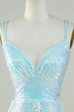 Bling Bainha Esparguete Correias Azul Claro Sequins Vestido Curto Homecoming com Criss Cross Back