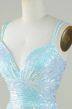 Bling Bainha Esparguete Correias Azul Claro Sequins Vestido Curto Homecoming com Criss Cross Back