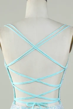 Bling Bainha Esparguete Correias Azul Claro Sequins Vestido Curto Homecoming com Criss Cross Back