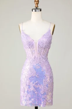 Bling Bodycon Esparguete Correias Purple Corset Homecoming Dress com Criss Cross Back