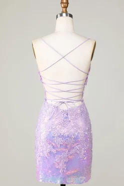 Bling Bodycon Esparguete Correias Purple Corset Homecoming Dress com Criss Cross Back