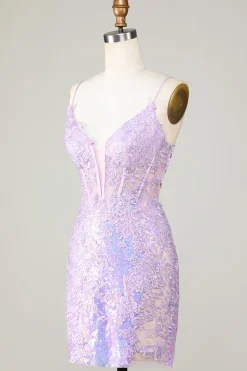 Bling Bodycon Esparguete Correias Purple Corset Homecoming Dress com Criss Cross Back
