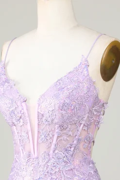 Bling Bodycon Esparguete Correias Purple Corset Homecoming Dress com Criss Cross Back