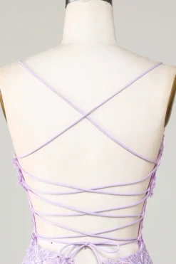 Bling Bodycon Esparguete Correias Purple Corset Homecoming Dress com Criss Cross Back