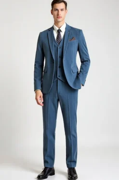 Blue 3 Piece Notched lapela Single Breasted Fato Homem