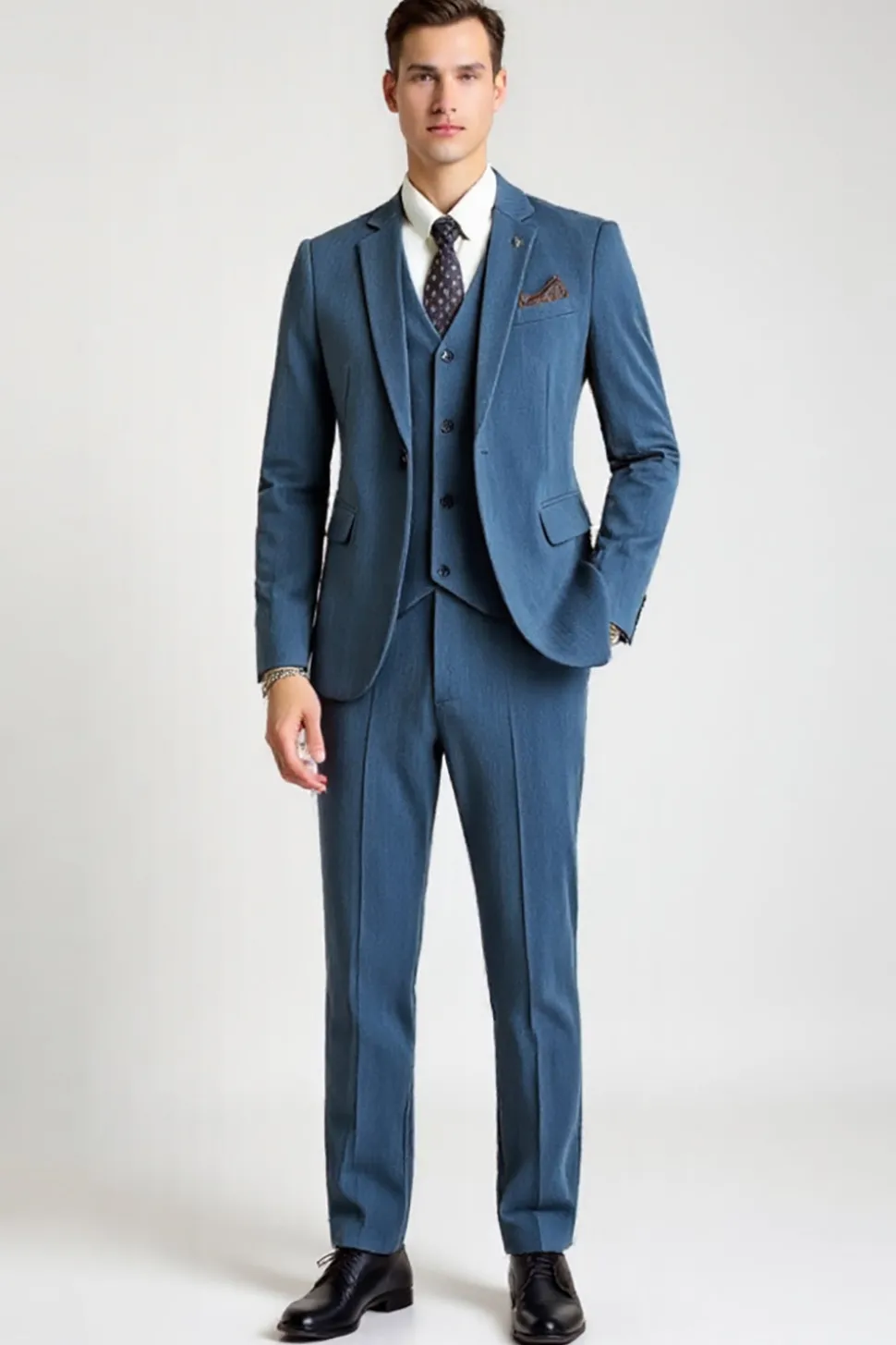 Blue 3 Piece Notched lapela Single Breasted Fato Homem