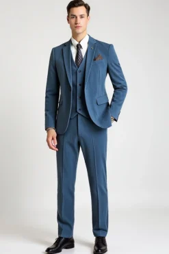 Blue 3 Piece Notched lapela Single Breasted Fato Homem