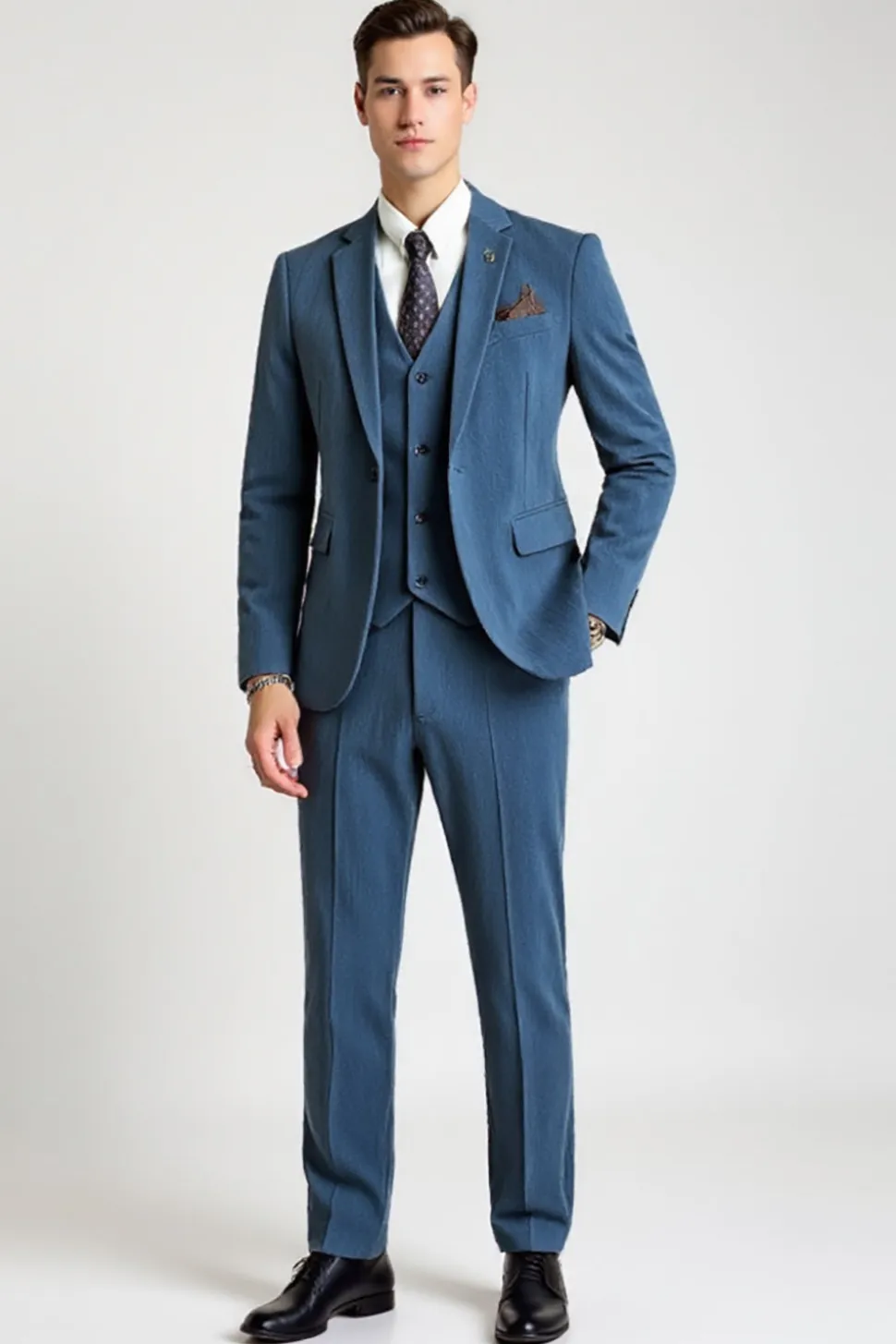 Blue 3 Piece Notched lapela Single Breasted Fato Homem