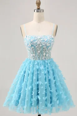 Blue A Line Appliques Espartilho Borboleta Vestido Curto Homecoming