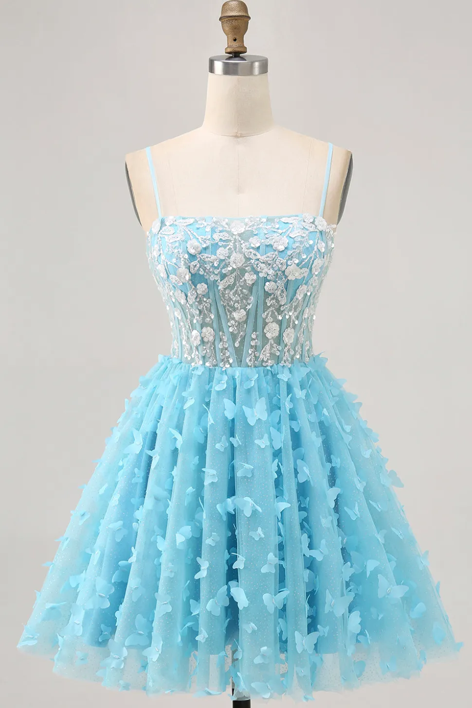 Blue A Line Appliques Espartilho Borboleta Vestido Curto Homecoming