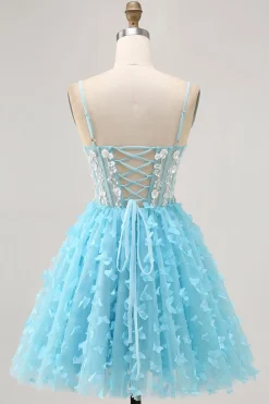 Blue A Line Appliques Espartilho Borboleta Vestido Curto Homecoming