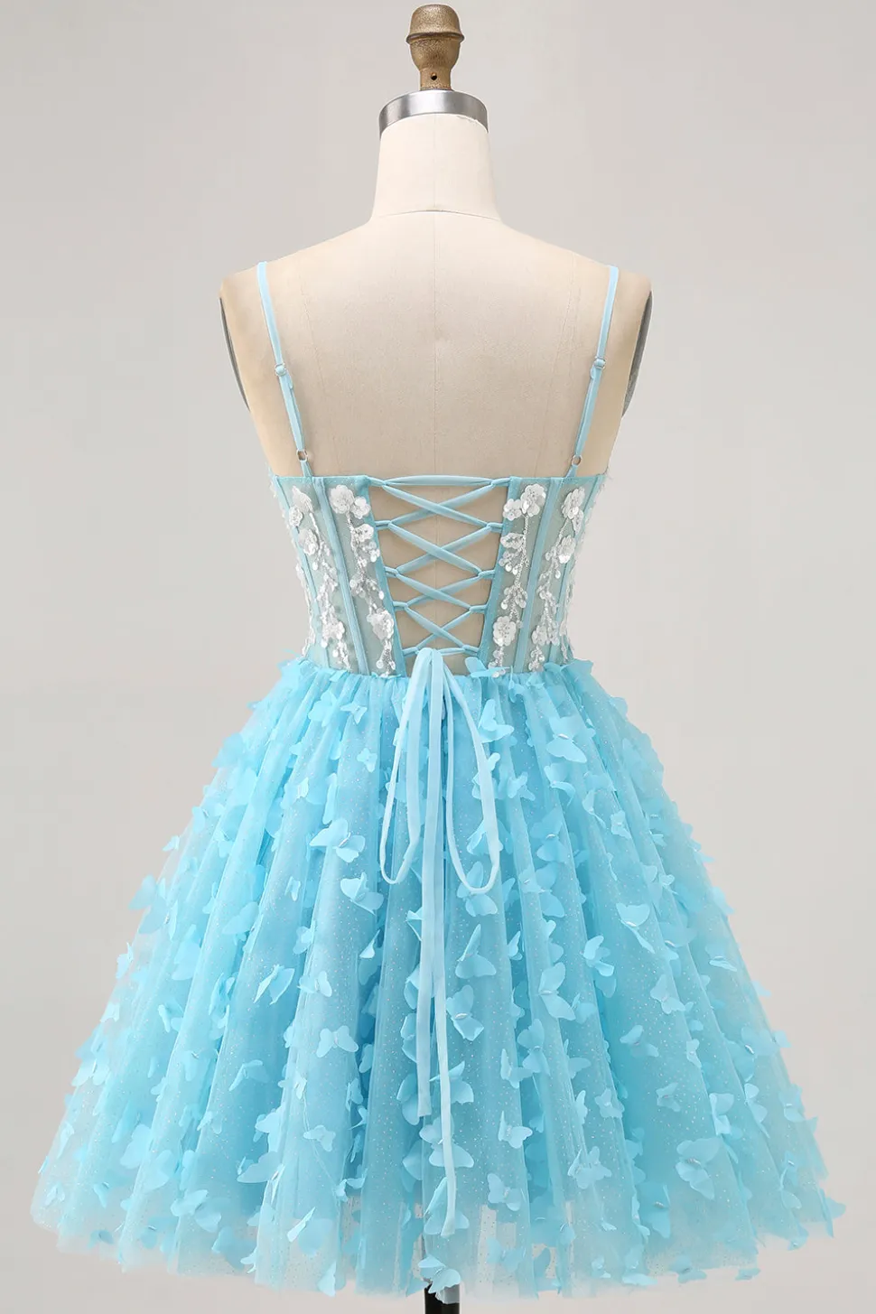 Blue A Line Appliques Espartilho Borboleta Vestido Curto Homecoming