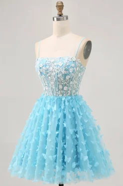 Blue A Line Appliques Espartilho Borboleta Vestido Curto Homecoming