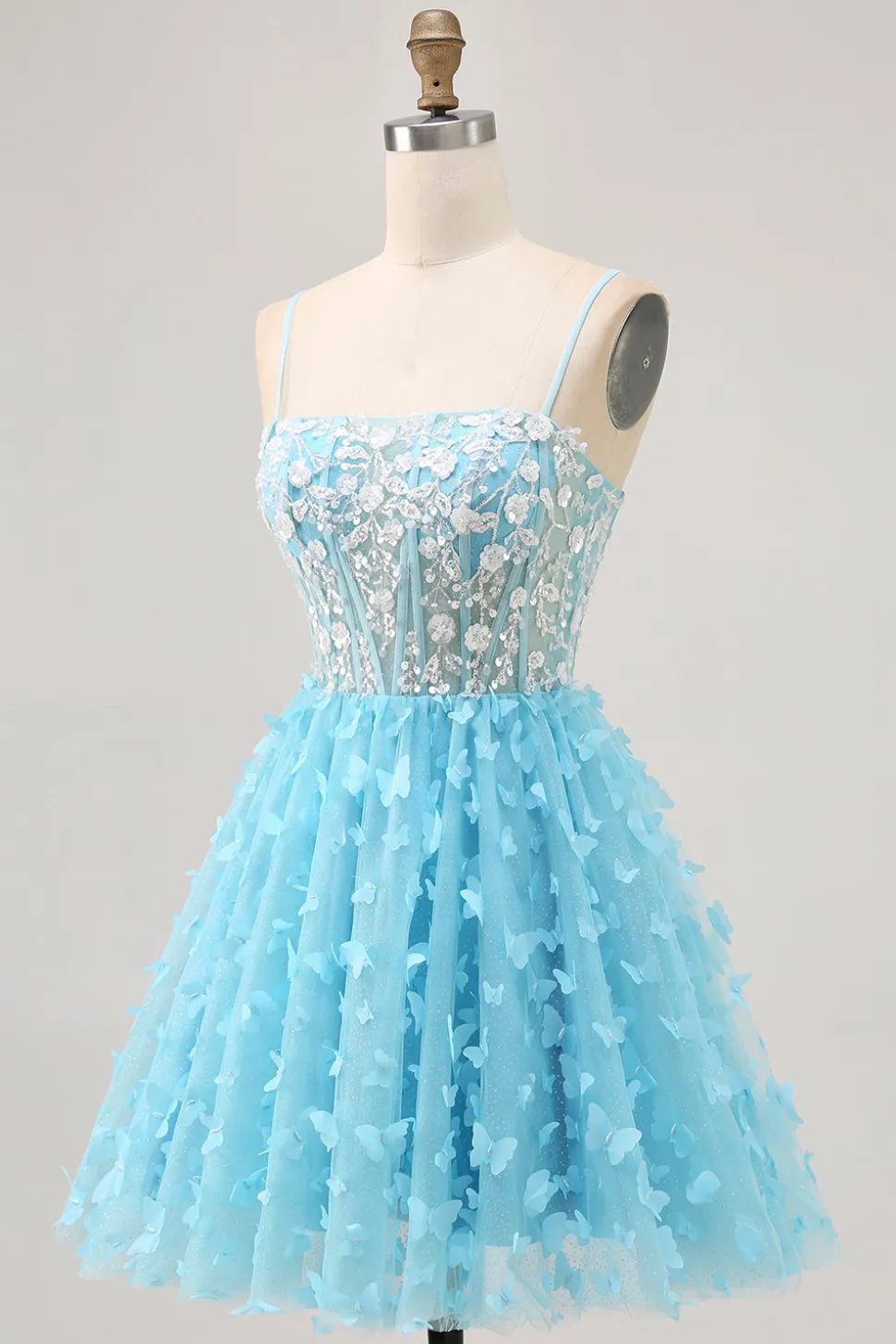 Blue A Line Appliques Espartilho Borboleta Vestido Curto Homecoming