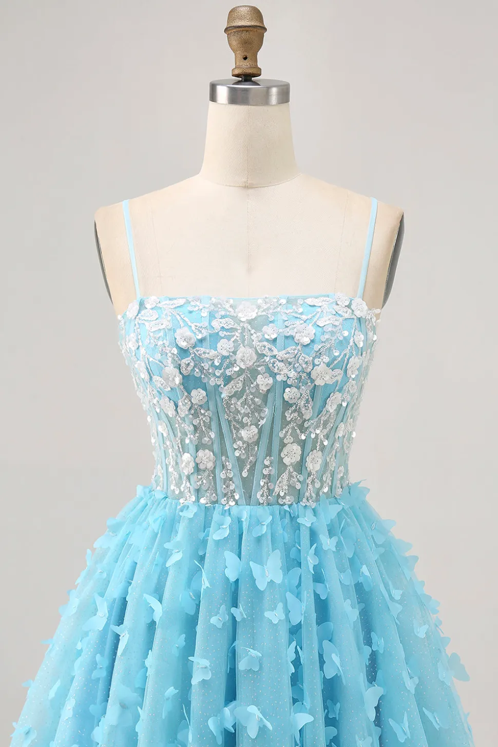 Blue A Line Appliques Espartilho Borboleta Vestido Curto Homecoming